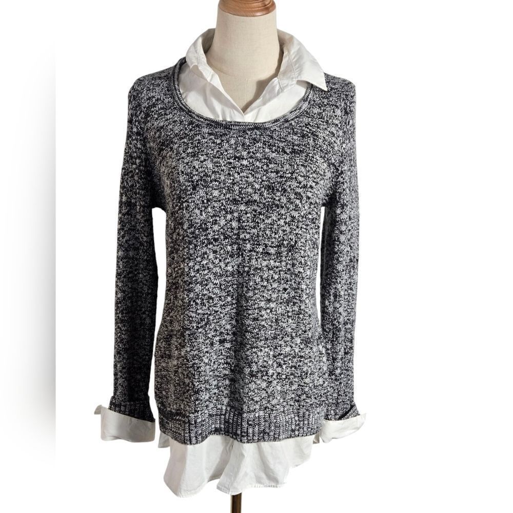 AB Studio Black and White Sweater Button Down Twofer Shirt